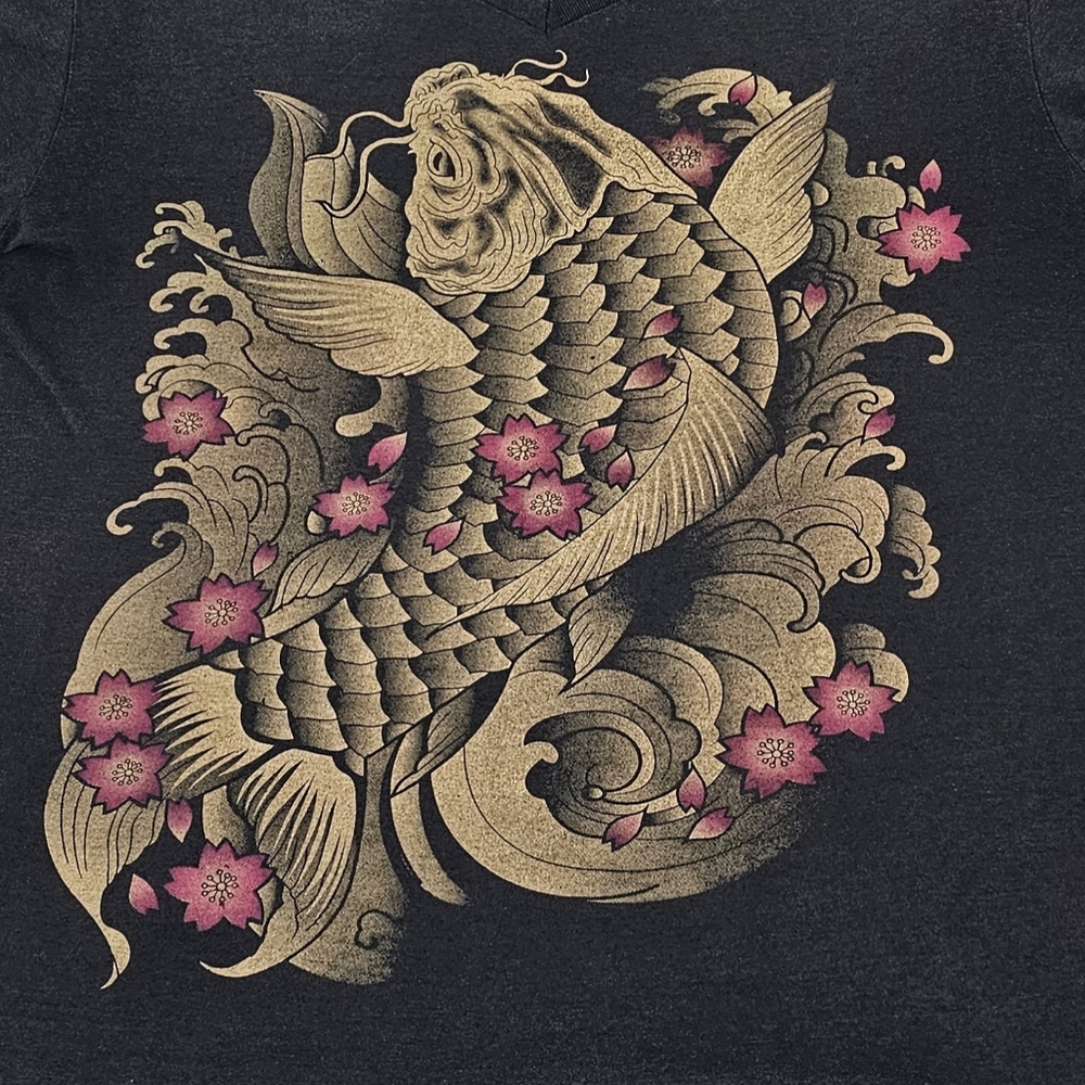 WORK Carp Koi Fish Japanese Yakuza Tattoe Street Art Men's XL Dark Gray - Picture 2 of 5